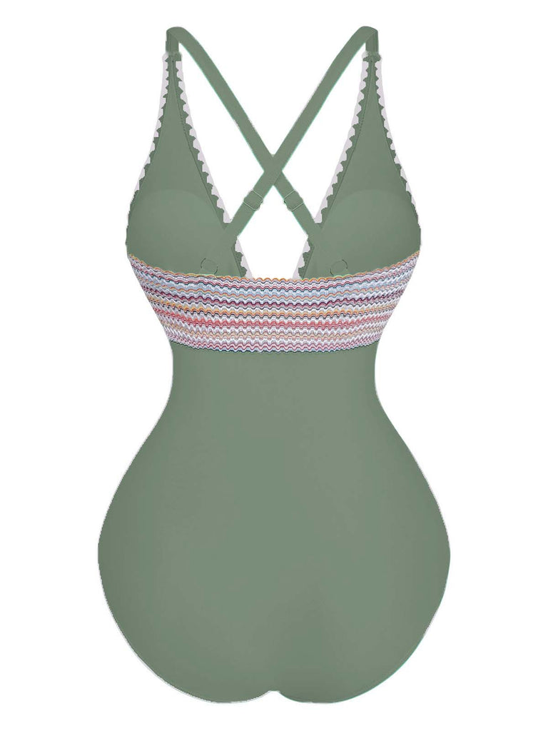 1940s Deep V-Neck Wavy Patchwork One-Piece Swimsuit - vintage swimsuit, pin-up style