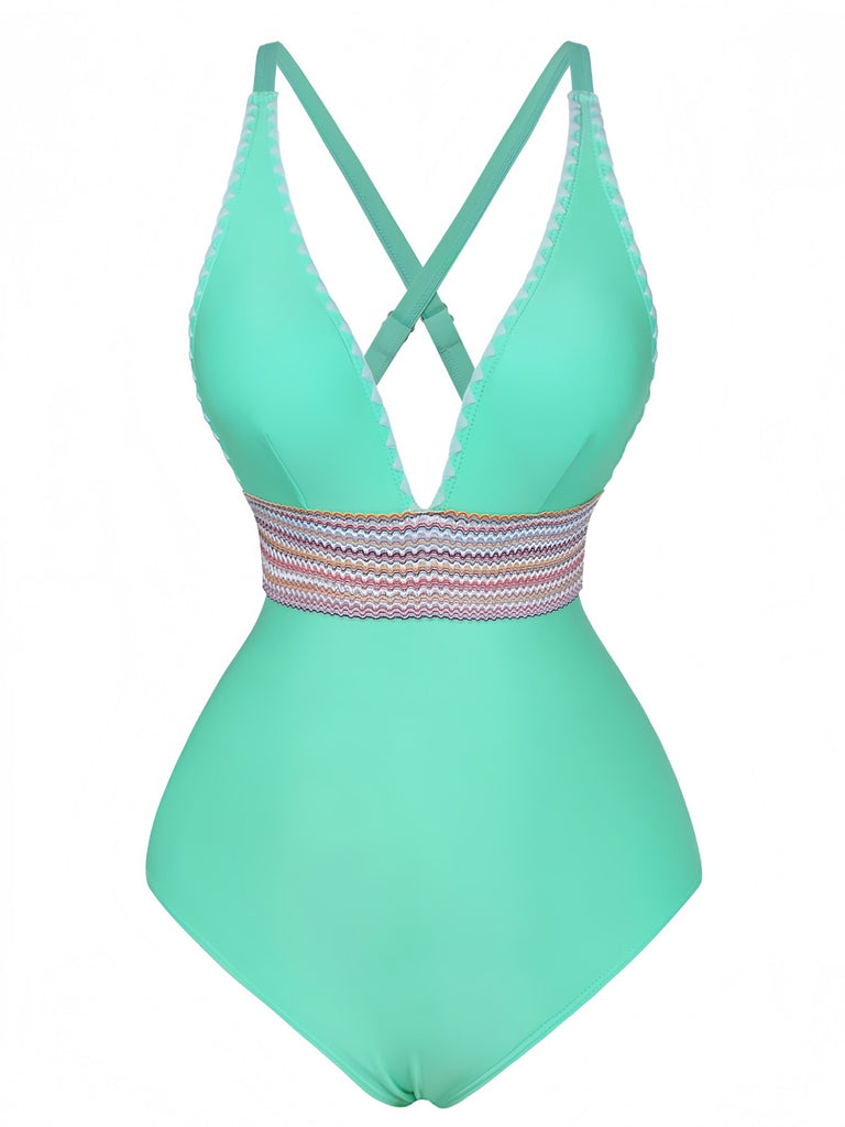1940s Deep V-Neck Wavy Patchwork One-Piece Swimsuit - vintage swimsuit, pin-up style