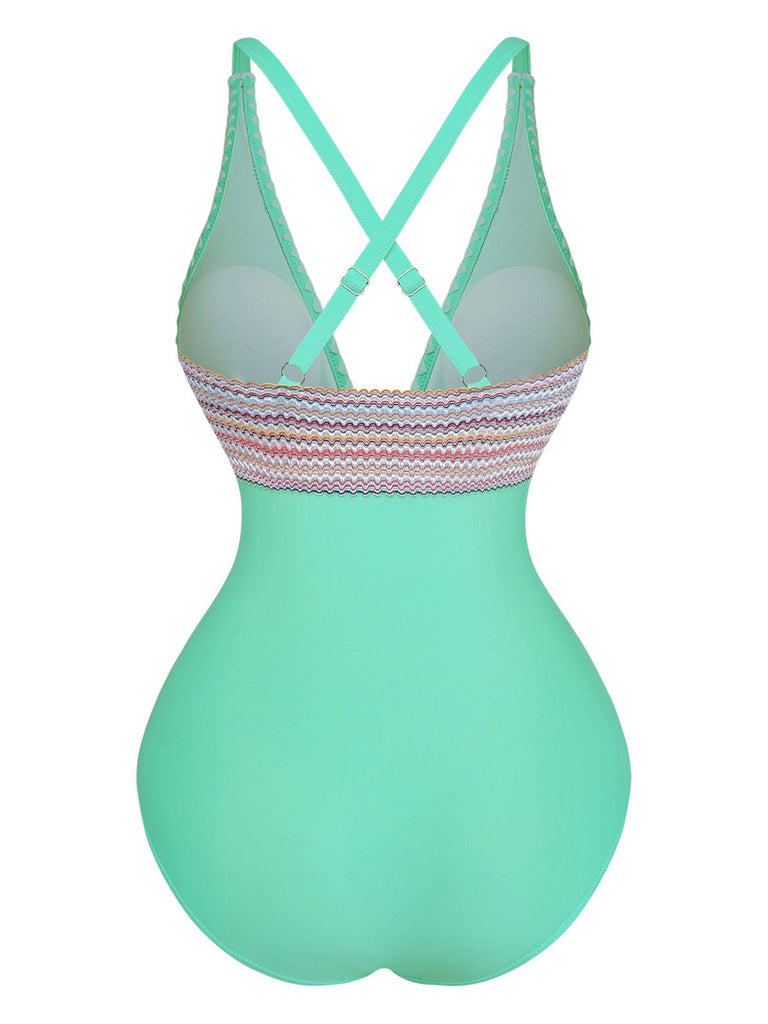 1940s Deep V-Neck Wavy Patchwork One-Piece Swimsuit - vintage swimsuit, pin-up style