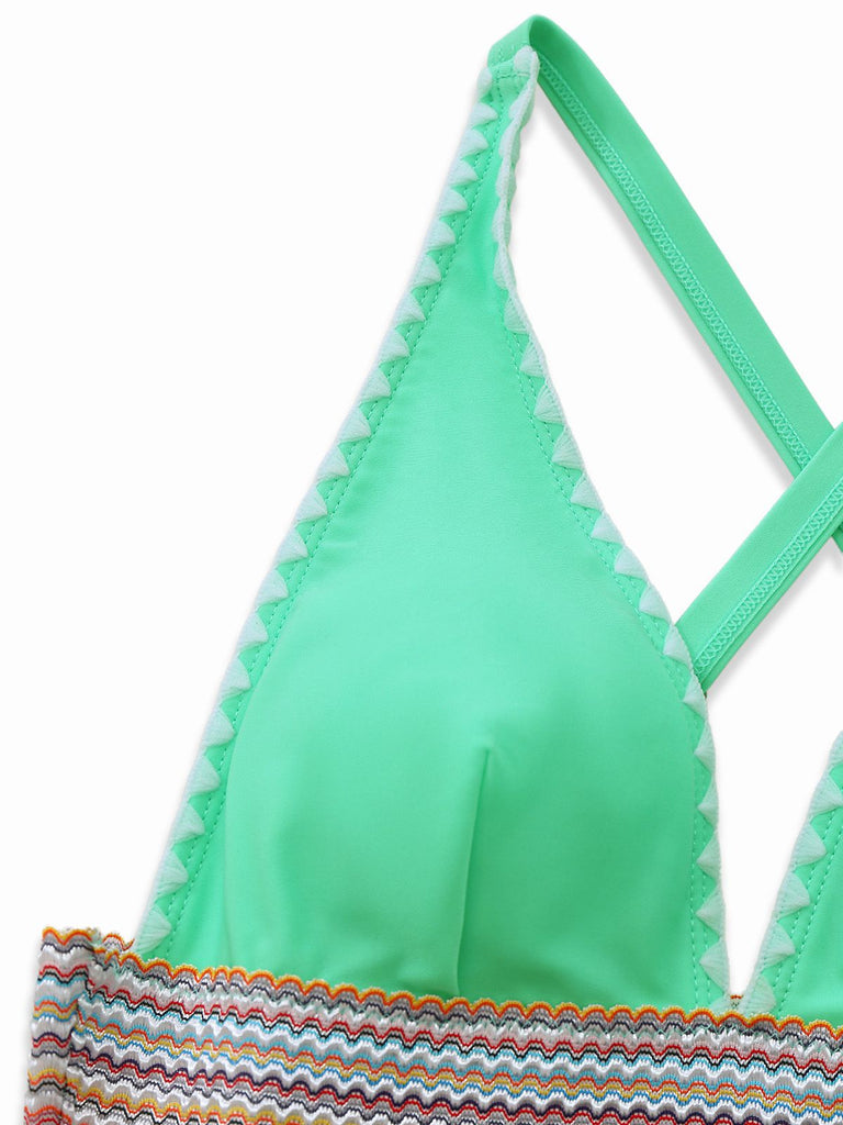 1940s Deep V-Neck Wavy Patchwork One-Piece Swimsuit - vintage swimsuit, pin-up style