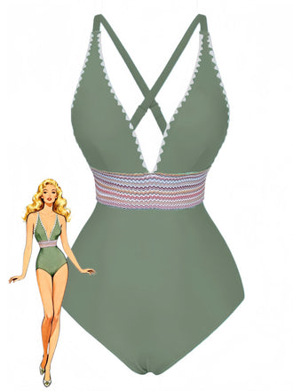 1940s Deep V-Neck Wavy Patchwork One-Piece Swimsuit, vintage swimsuit, pin-up swimwear - perfect for women who love vintage and retro fashion