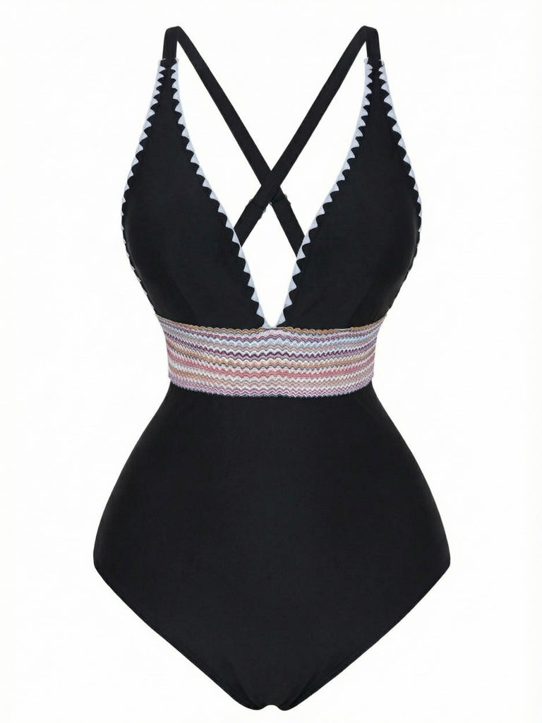 1940s Deep V-Neck Wavy Patchwork One-Piece Swimsuit, vintage swimsuit, pin-up swimwear - perfect for women who love vintage and retro fashion