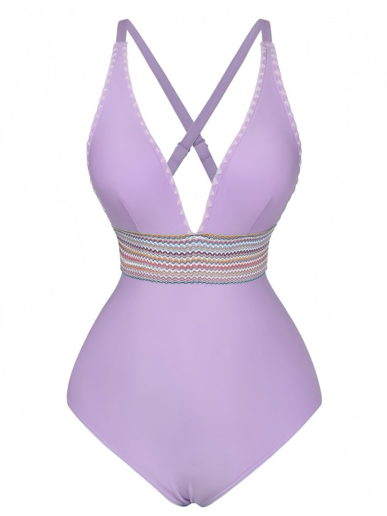 1940s Deep V-Neck Wavy Patchwork One-Piece Swimsuit, vintage swimsuit, pin-up swimwear - perfect for women who love vintage and retro fashion