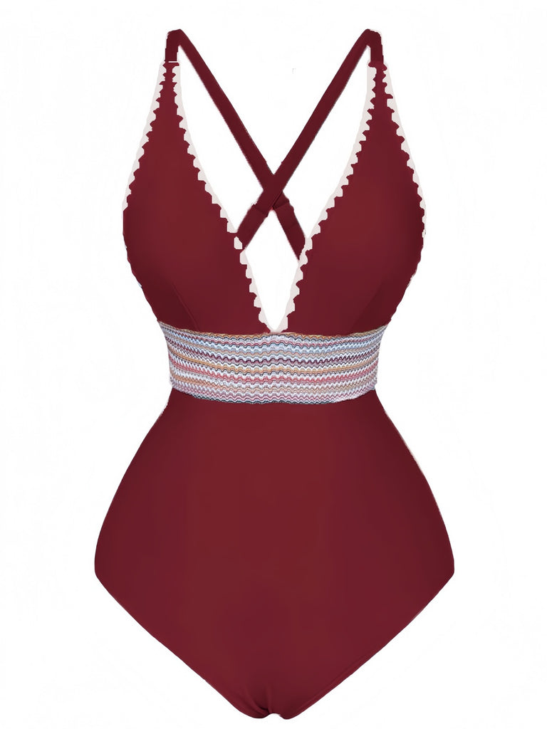1940s Deep V-Neck Wavy Patchwork One-Piece Swimsuit, vintage swimsuit, pin-up swimwear - perfect for women who love vintage and retro fashion