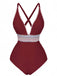 1940s Deep V-Neck Wavy Patchwork One-Piece Swimsuit, vintage swimsuit, pin-up swimwear - perfect for women who love vintage and retro fashion