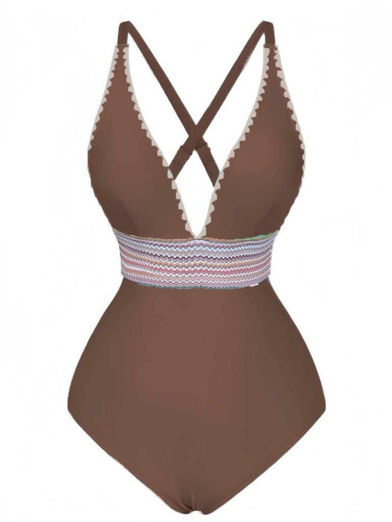 1940s Deep V-Neck Wavy Patchwork One-Piece Swimsuit, vintage swimsuit, pin-up swimwear - perfect for women who love vintage and retro fashion