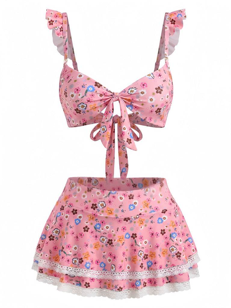 1940s Ditsy Floral Ruffle Strap Lace Trim Bikini Set, vintage swimsuit, pin-up swimwear - perfect for women who love vintage and retro fashion