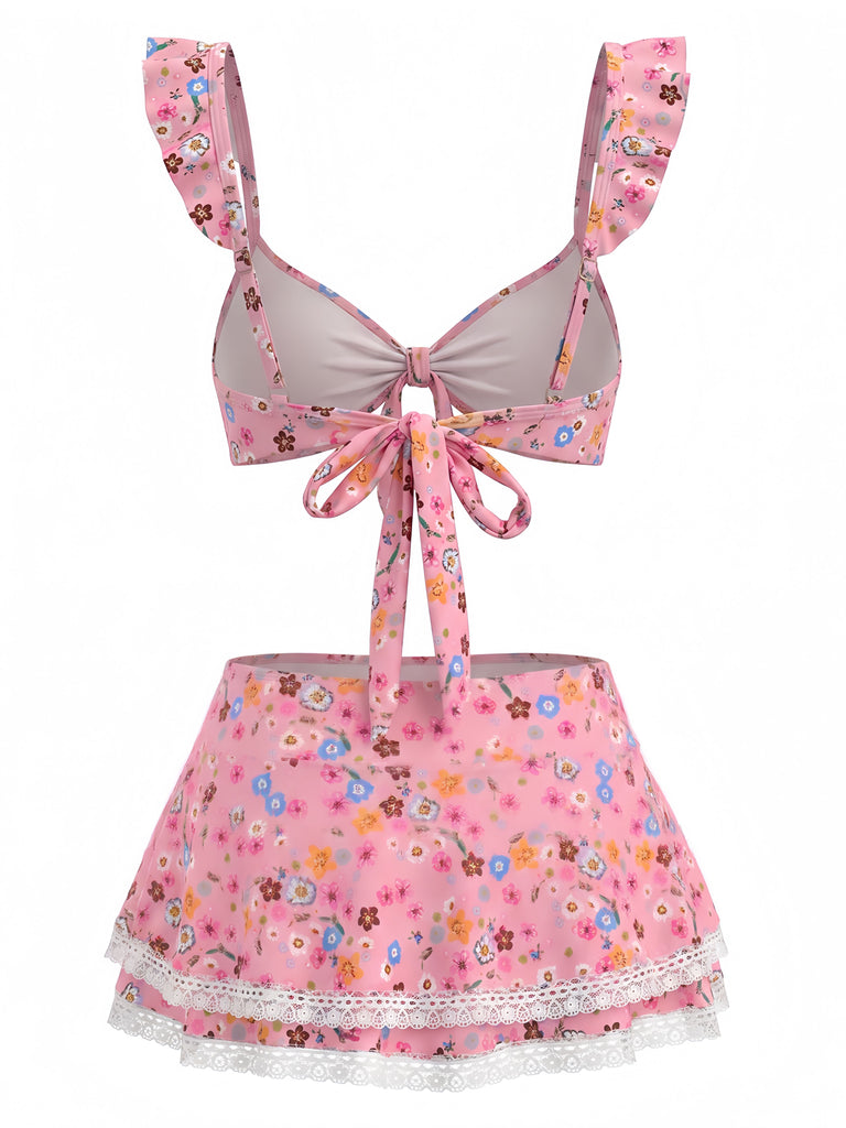 1940s Ditsy Floral Ruffle Strap Lace Trim Bikini Set, vintage swimsuit, pin-up swimwear - perfect for women who love vintage and retro fashion