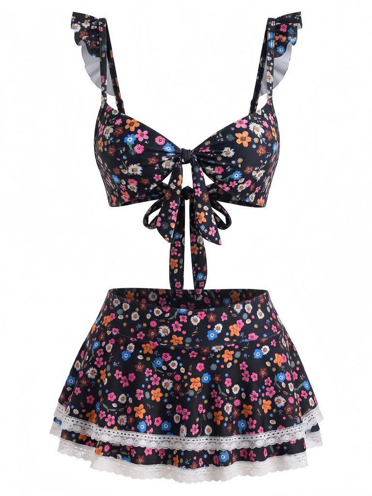 1940s Ditsy Floral Ruffle Strap Lace Trim Bikini Set, vintage swimsuit, pin-up swimwear - perfect for women who love vintage and retro fashion
