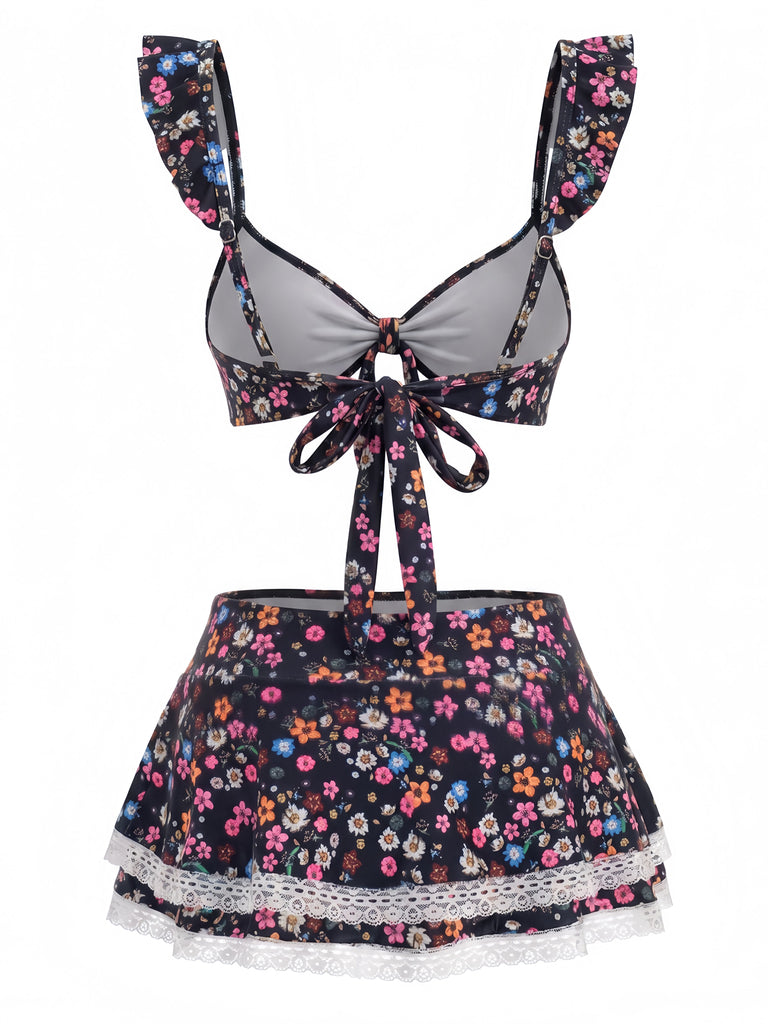 1940s Ditsy Floral Ruffle Strap Lace Trim Bikini Set, vintage swimsuit, pin-up swimwear - perfect for women who love vintage and retro fashion