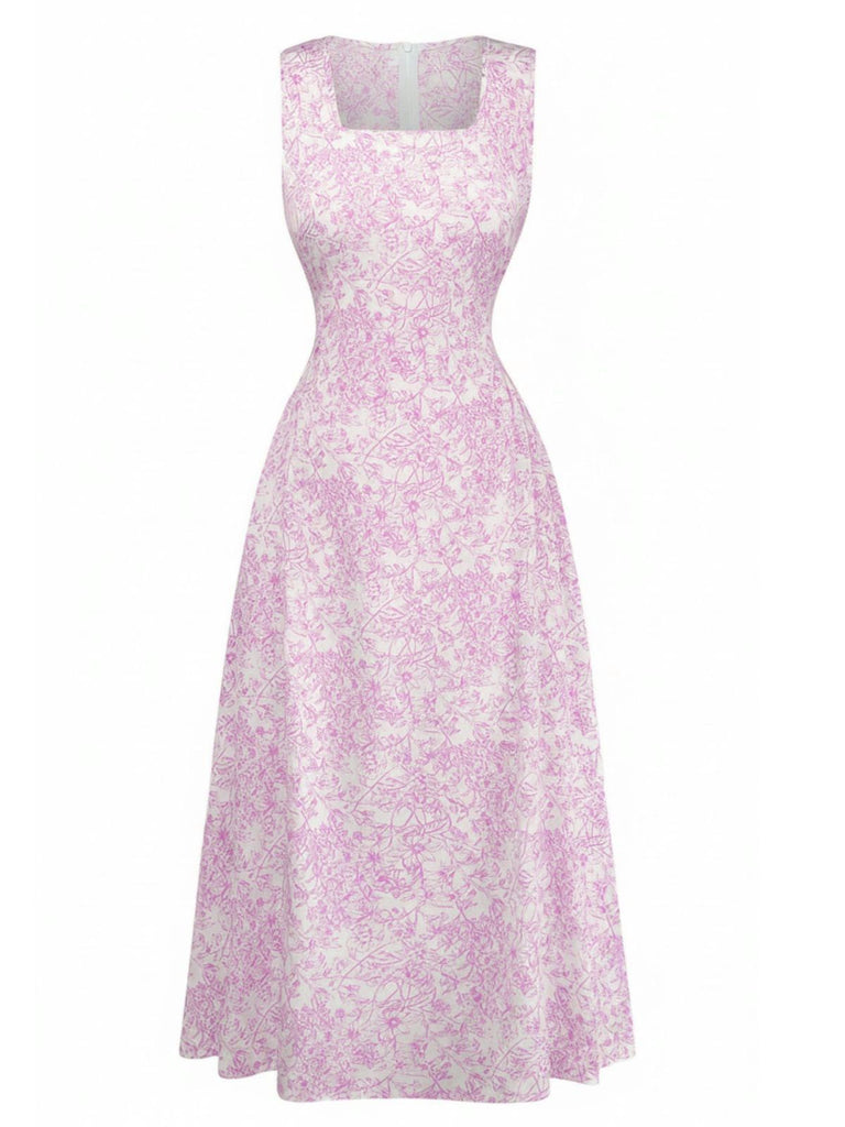 1940s Ditsy Floral Square Neck Sleeveless Midi Dress, vintage dress, retro fashion, floral print - perfect for women who love vintage and retro fashion