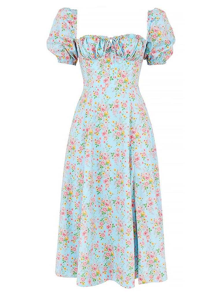 1940s Ditsy Floral Square Neck Slit Dress, vintage dress, retro fashion, floral print - perfect for women who love vintage and retro fashion
