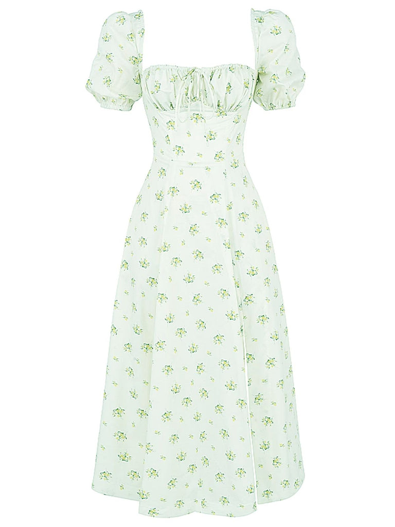 1940s Ditsy Floral Square Neck Slit Dress, vintage dress, retro fashion, floral print - perfect for women who love vintage and retro fashion