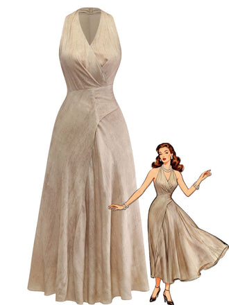 Apricot 1940s Linen V-Neck Sleeveless Belted Maxi Dress - vintage dress, retro fashion