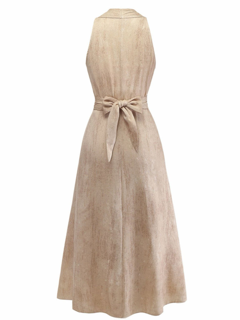Apricot 1940s Linen V-Neck Sleeveless Belted Maxi Dress - vintage dress, retro fashion
