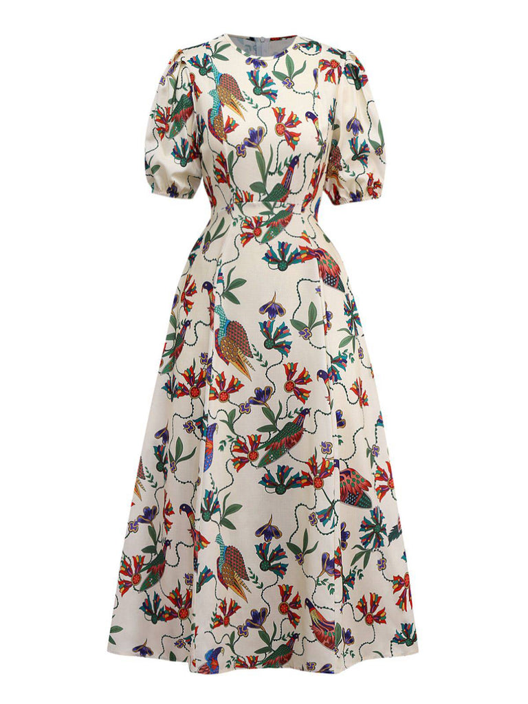 Beige 1940s Flowers & Birds Print Puff Sleeves Dress - vintage dress, retro fashion