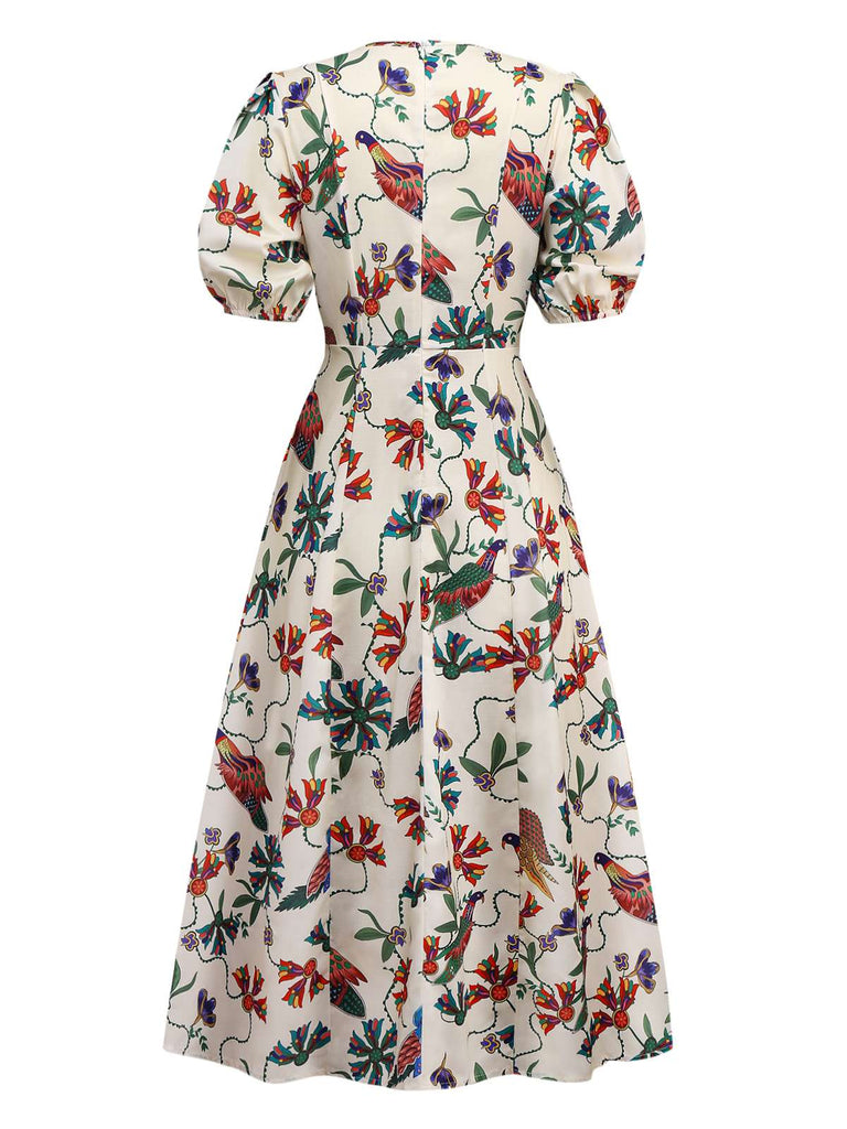 Beige 1940s Flowers & Birds Print Puff Sleeves Dress - vintage dress, retro fashion