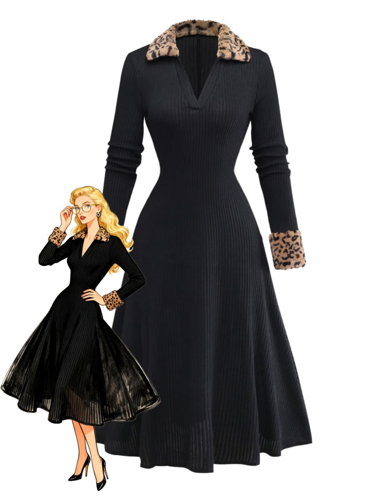 Black 1940s Leopard Faux Fur Trim Ribbed Knit Dress - vintage dress, retro fashion, classic black