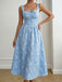 Blue 1940s Square Neck Empire Waist Jacquard Smocked Dress - vintage dress, retro fashion