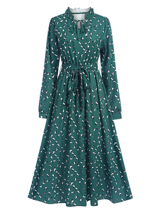 Dark Green 1940s Ruffled Neck Long Sleeve Belted Dress - vintage dress, retro fashion