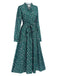 Dark Green 1940s Ruffled Neck Long Sleeve Belted Dress - vintage dress, retro fashion