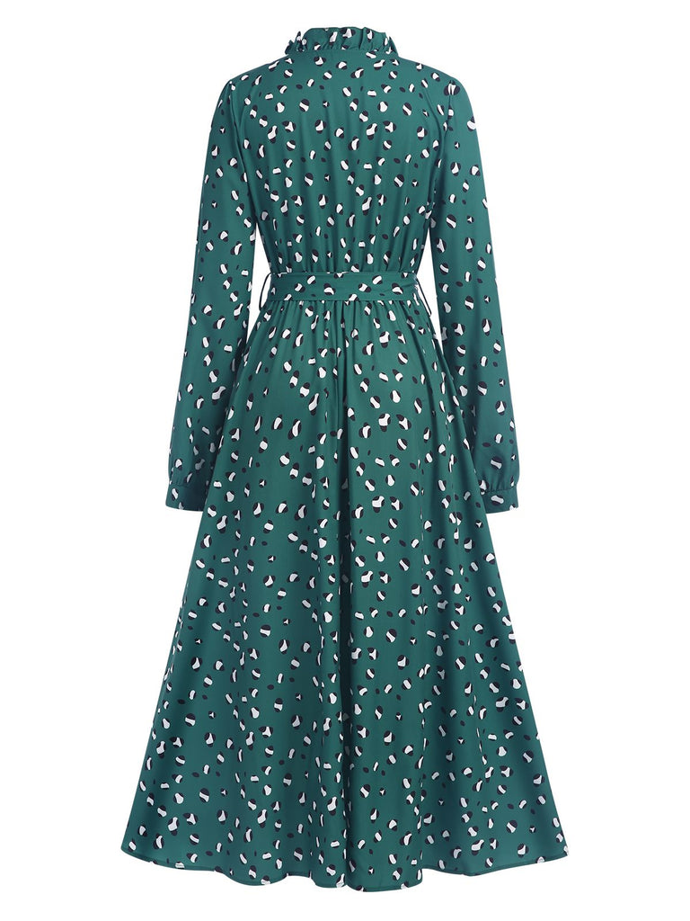 Dark Green 1940s Ruffled Neck Long Sleeve Belted Dress - vintage dress, retro fashion