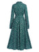 Dark Green 1940s Ruffled Neck Long Sleeve Belted Dress - vintage dress, retro fashion