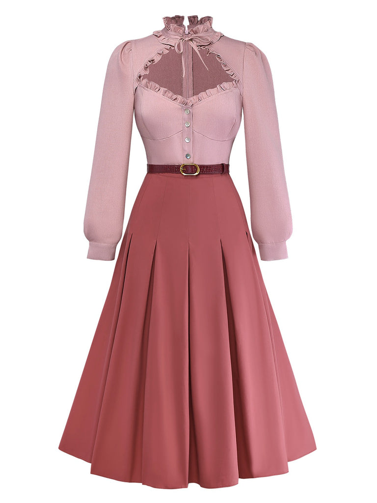 Dusty Pink 1940s Cotton Contrasted Keyhole Ruffled Dress - vintage dress, retro fashion