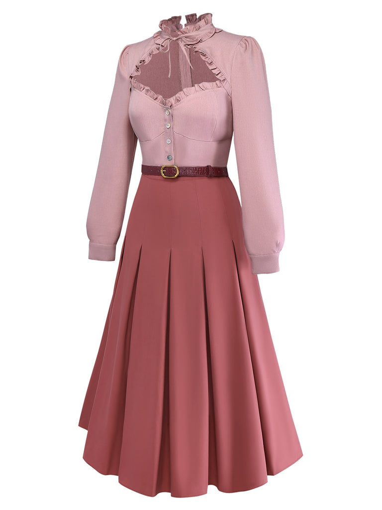 Dusty Pink 1940s Cotton Contrasted Keyhole Ruffled Dress - vintage dress, retro fashion