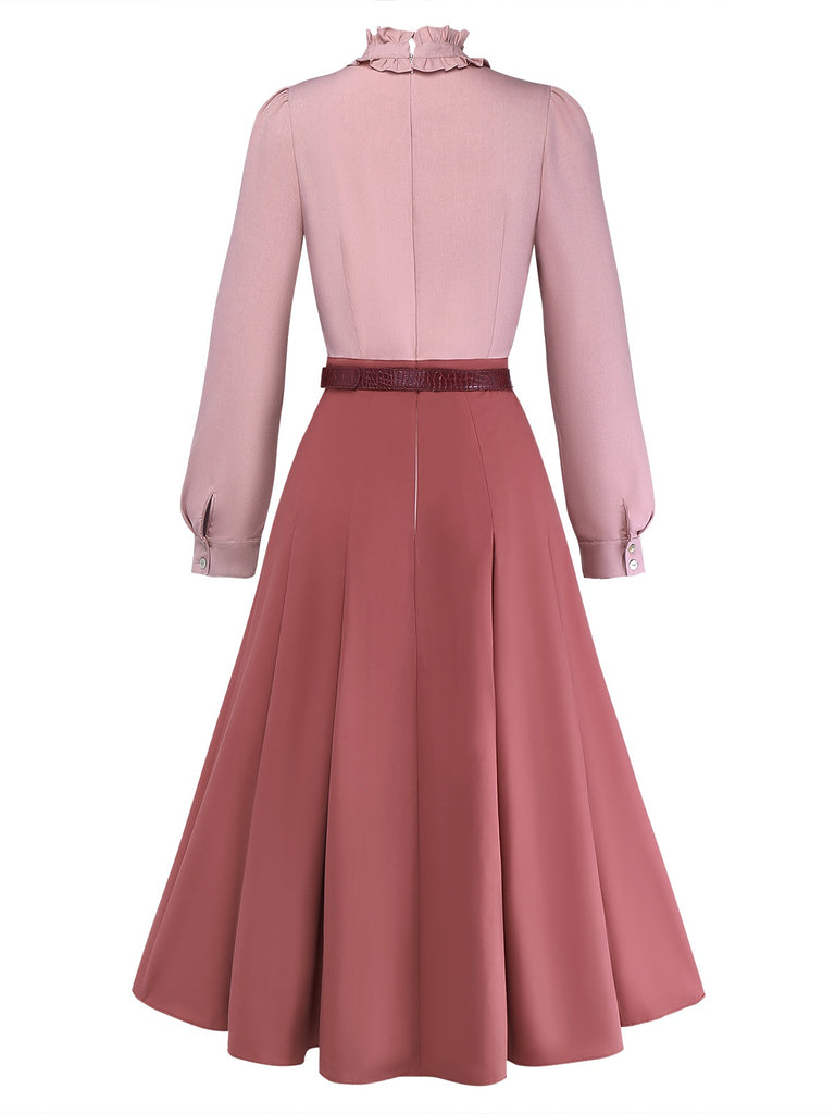 Dusty Pink 1940s Cotton Contrasted Keyhole Ruffled Dress - vintage dress, retro fashion
