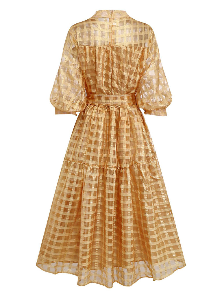 Gold 1940s Sheer Grid Puff-Sleeve Belted Midi Party Dress - vintage dress, retro fashion, glamorous gold