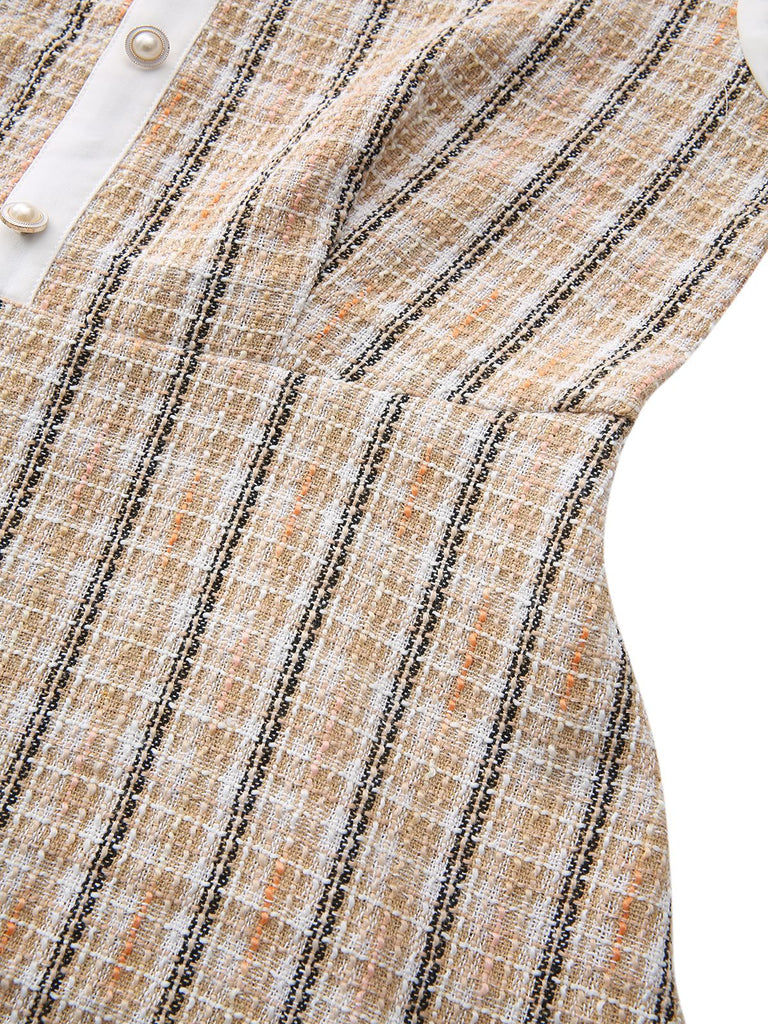 Khaki 1940s Vintage Style Patchwork Long Sleeve Dress - vintage dress, retro fashion