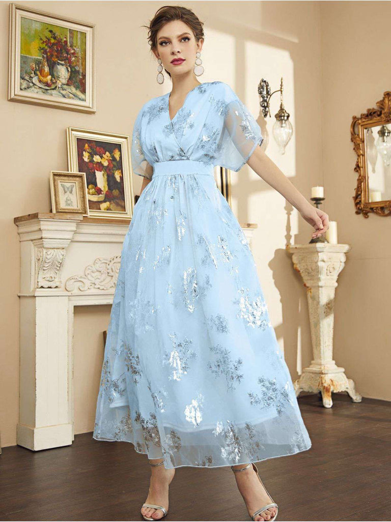 Light Blue 1940s Foil Stamping Mesh Patchwork Dress - vintage dress, retro fashion