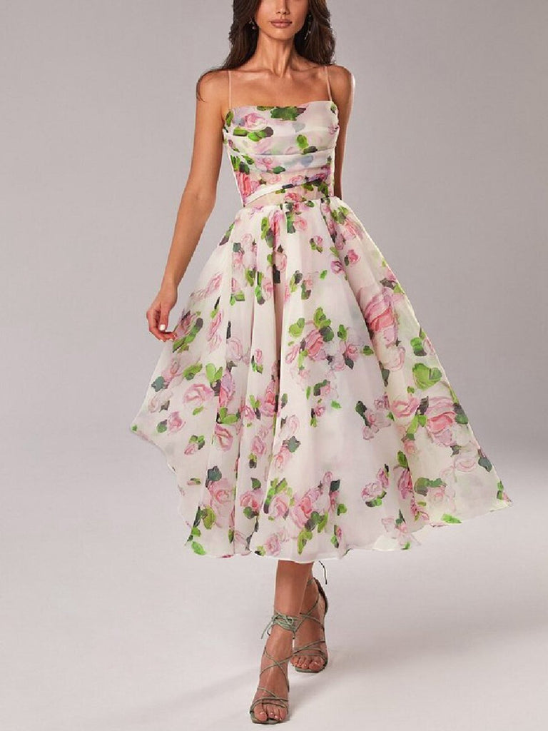 Multicolor 1940s Organza Floral Spaghetti Straps Dress - vintage dress, retro fashion