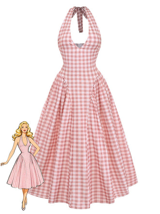 Pink 1940s Gingham V-Neck Sleeveless Flared Maxi Dress - vintage dress, retro fashion, elegant red