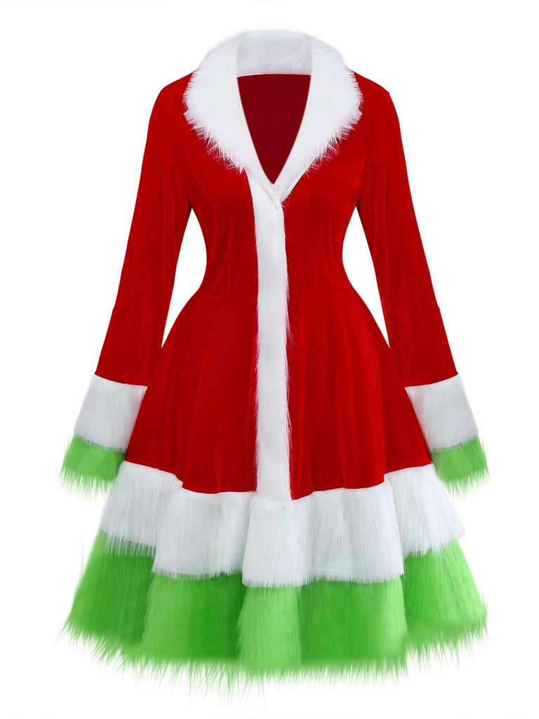 Red & Green 1940s Christmas Grinch Fur Trimmed Dress - vintage dress, retro fashion, elegant red