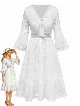 White 1940s Hollow Tassel Embroidered Cover-Up Dress - vintage dress, retro fashion, elegant red