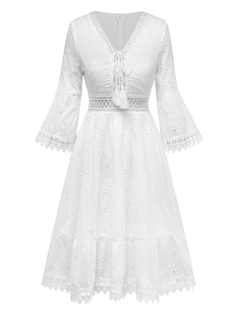 White 1940s Hollow Tassel Embroidered Cover-Up Dress - vintage dress, retro fashion, elegant red