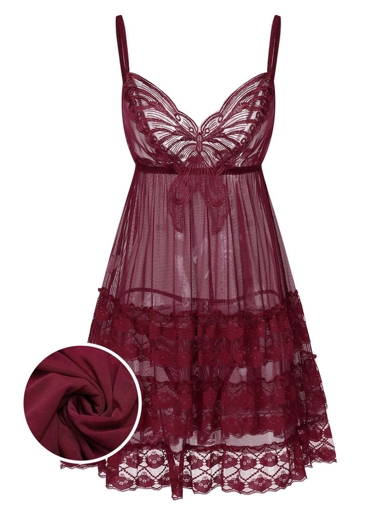 1940s Embroidered Lace Butterfly Sheer Nightgown: 