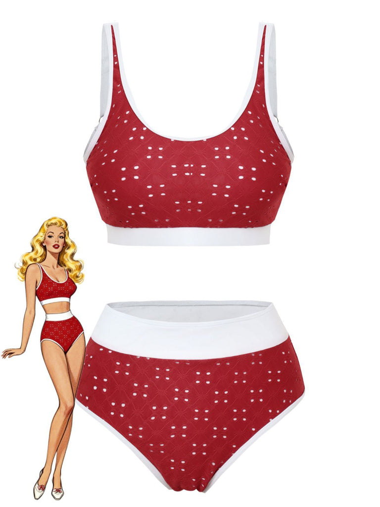 1940s Eyelet High Waisted Color Block Tankini Set, vintage fashion, retro style - perfect for women who love vintage and retro fashion