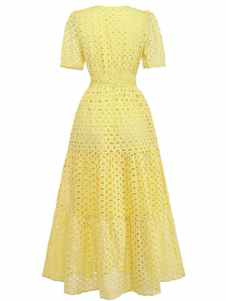 Yellow 1940s Eyelet Lace V-neck Tiered Maxi Dress, vintage dress, retro fashion, elegant, bohemian style, women, elegant