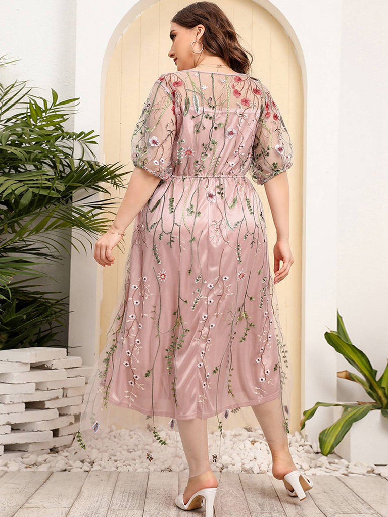 She slips into this 1940s Floral Embroidered Mesh 