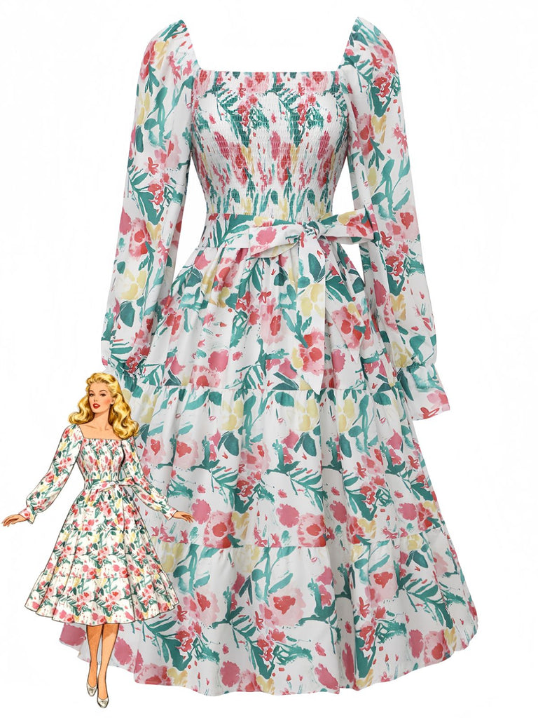 1940s Floral Lace-Up Square Neck Bell Sleeve Dress - vintage dress, retro fashion