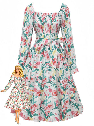 1940s Floral Lace-Up Square Neck Bell Sleeve Dress - vintage dress, retro fashion