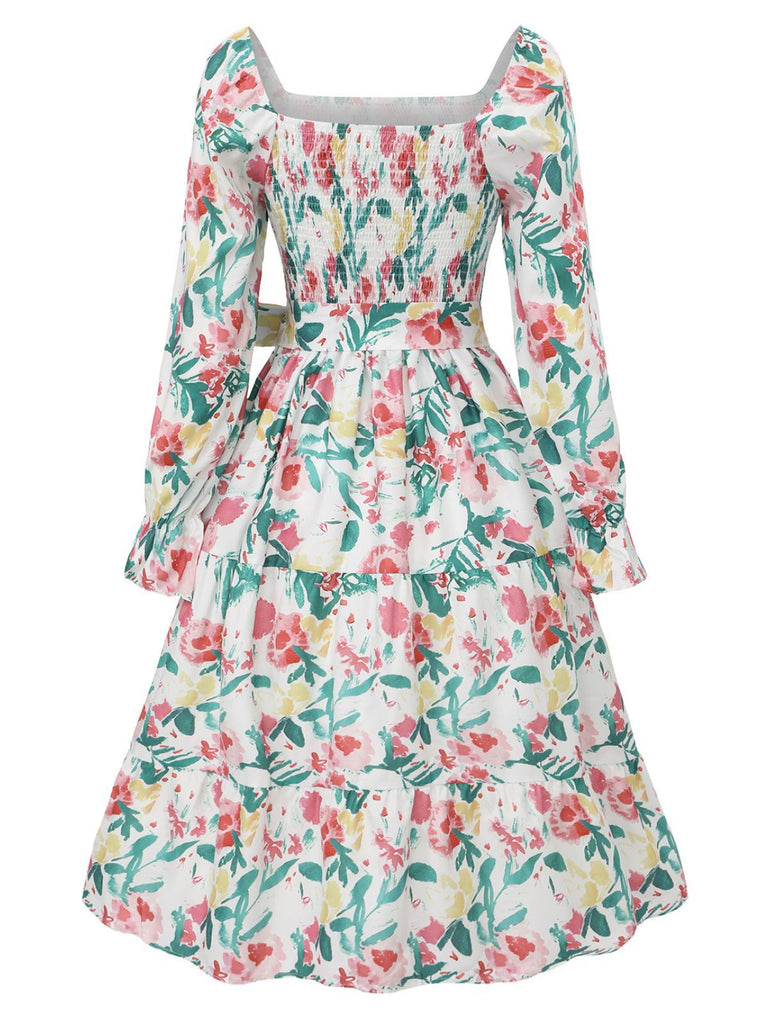 1940s Floral Lace-Up Square Neck Bell Sleeve Dress - vintage dress, retro fashion