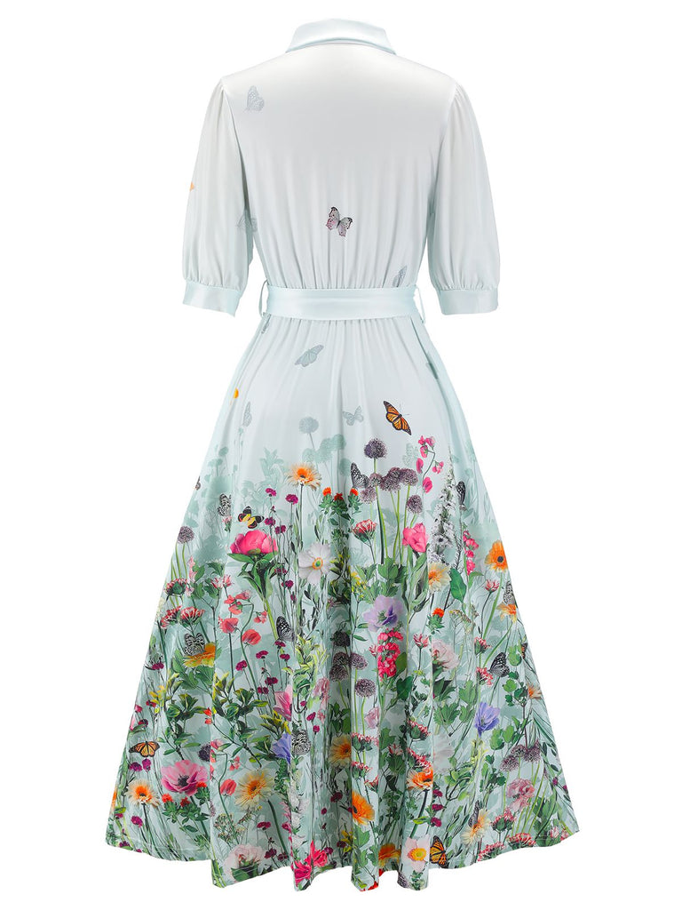 1940s Floral Shirt Neck Belt Dress: beautiful vintage dress, retro fashion, elegant style with timeless appeal