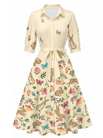 [Pre-Sale] Apricot 1940s Floral Shirt Neck Belt Dress