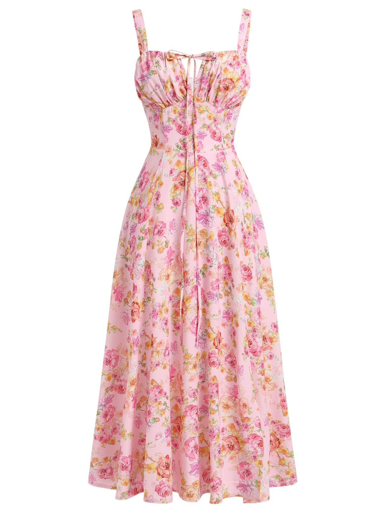 1940s Floral Spaghetti Strap Tie-Front Chiffon A-Line Dress - vintage dress, retro fashion, floral print for vintage lovers