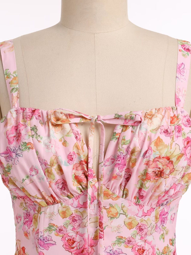 1940s Floral Spaghetti Strap Tie-Front Chiffon A-Line Dress - vintage dress, retro fashion, floral print for vintage lovers