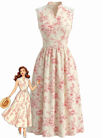 1940s Floral Stand Collar Lace Midi Dress - vintage dress, retro fashion, floral print, lace detail for vintage lovers